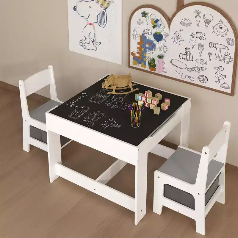 Etokfoks kids table and chair set white gray MDF 3 in 1 activity table with storage drawers for drawing reading crafts playroom
