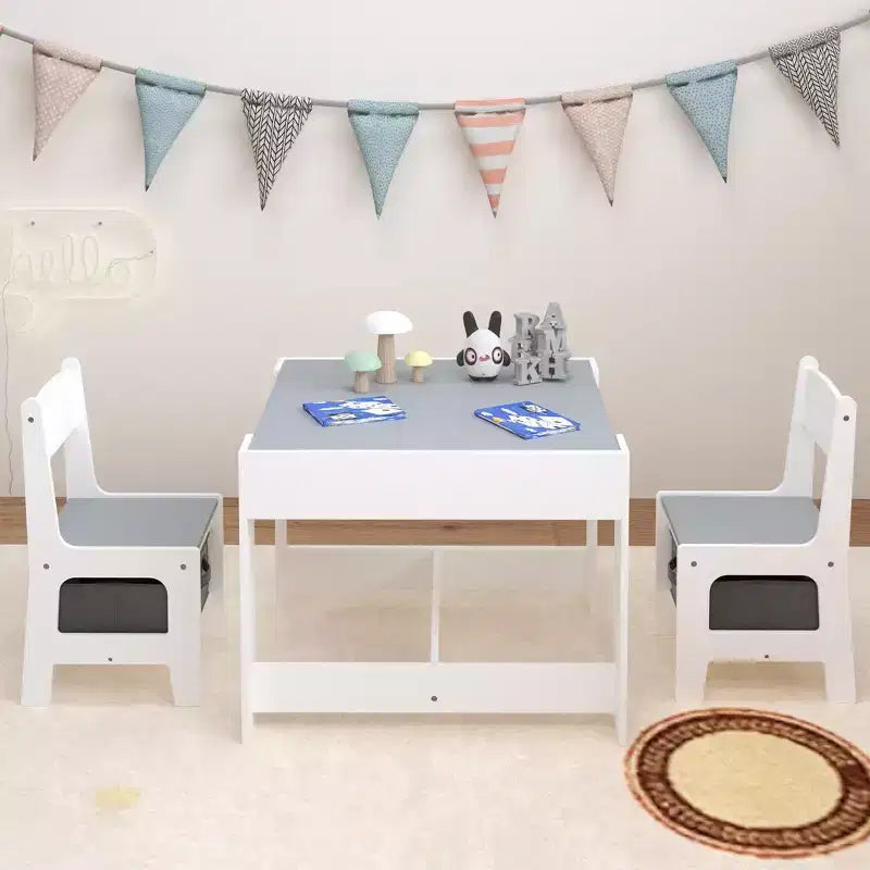 Table et chaise pour enfants Etokfoks blanc gris MDF 3 en 1 table d'activités avec tiroirs de rangement pour le dessin la lecture les loisirs salle de jeux