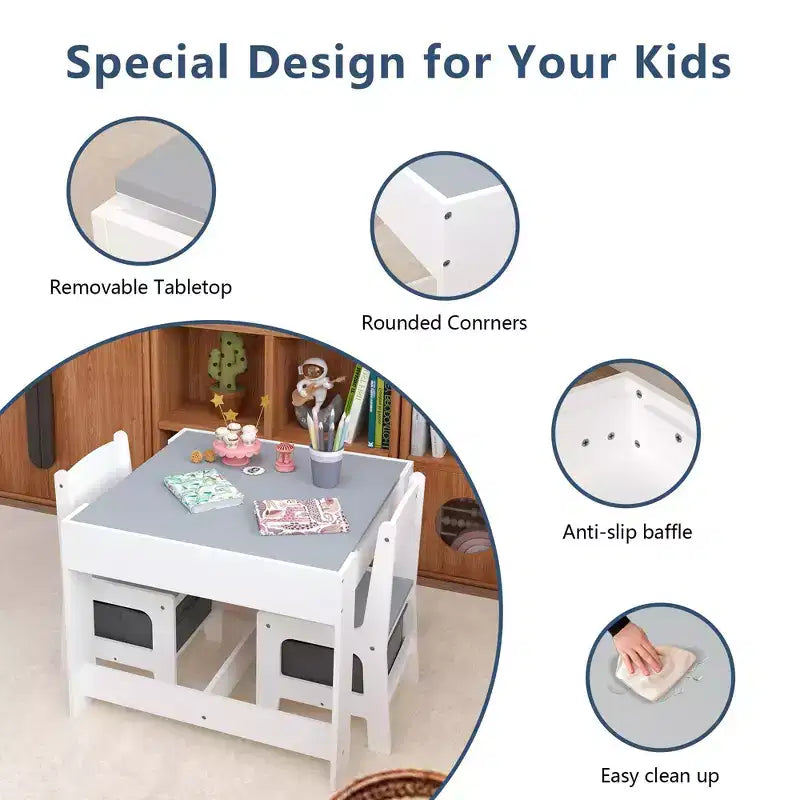 Table et chaise pour enfants Etokfoks blanc gris MDF 3 en 1 table d'activités avec tiroirs de rangement pour le dessin la lecture les loisirs salle de jeux