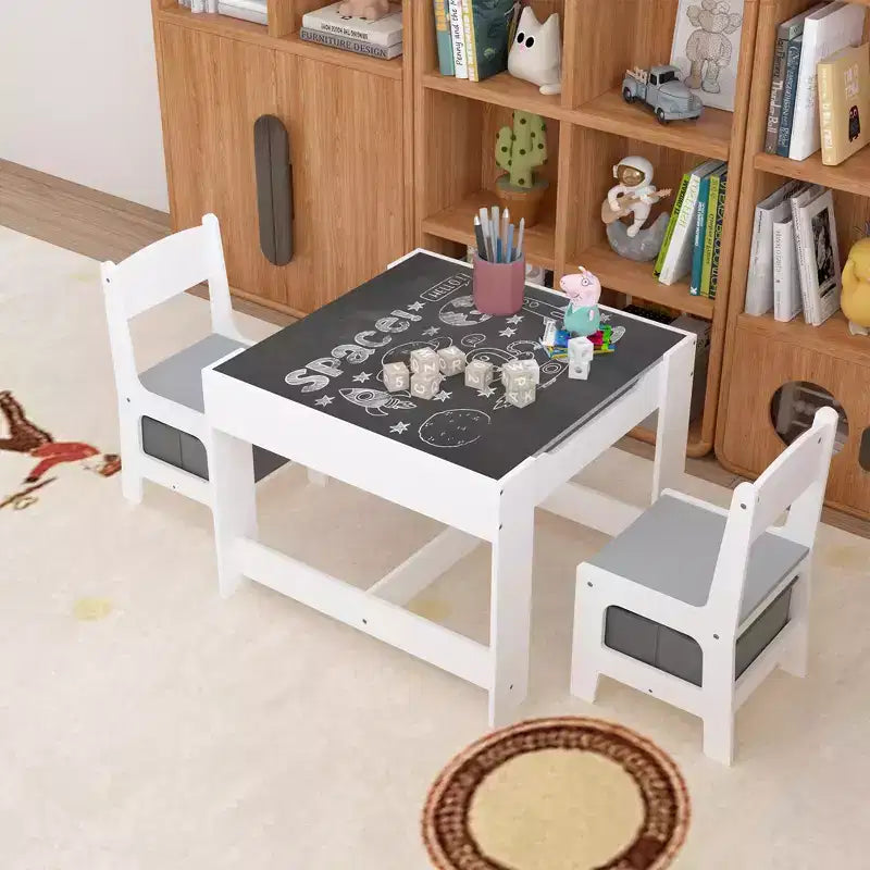 Table et chaise pour enfants Etokfoks blanc gris MDF 3 en 1 table d'activités avec tiroirs de rangement pour le dessin la lecture les loisirs salle de jeux