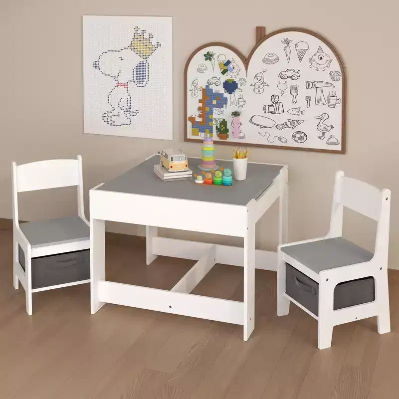 Table et chaise pour enfants Etokfoks blanc gris MDF 3 en 1 table d'activités avec tiroirs de rangement pour le dessin la lecture les loisirs salle de jeux