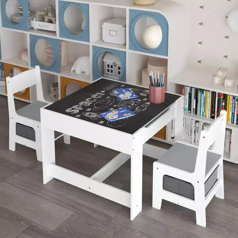 Table et chaise pour enfants Etokfoks blanc gris MDF 3 en 1 table d'activités avec tiroirs de rangement pour le dessin la lecture les loisirs salle de jeux