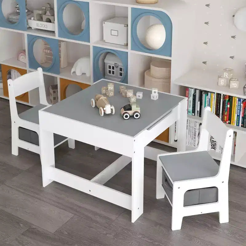 Table et chaise pour enfants Etokfoks blanc gris MDF 3 en 1 table d'activités avec tiroirs de rangement pour le dessin la lecture les loisirs salle de jeux