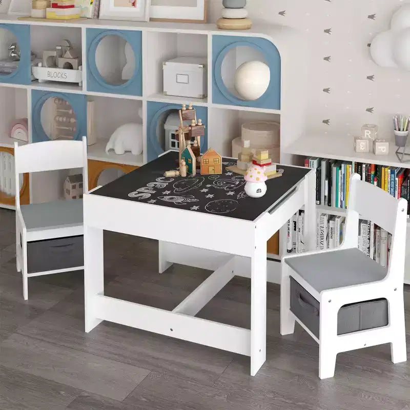 Table et chaise pour enfants Etokfoks blanc gris MDF 3 en 1 table d'activités avec tiroirs de rangement pour le dessin la lecture les loisirs salle de jeux