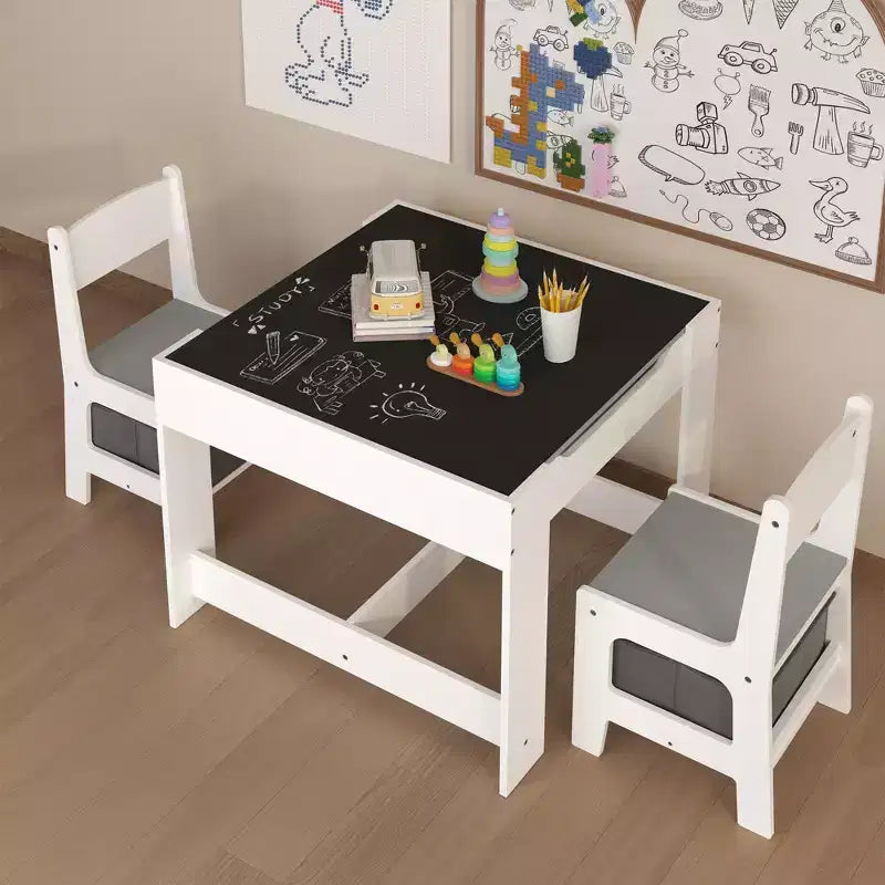 Table et chaise pour enfants Etokfoks blanc gris MDF 3 en 1 table d'activités avec tiroirs de rangement pour le dessin la lecture les loisirs salle de jeux