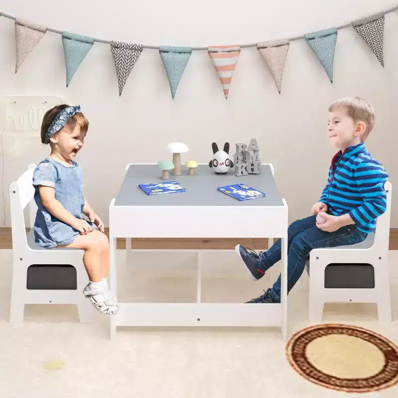 Table et chaise pour enfants Etokfoks blanc gris MDF 3 en 1 table d'activités avec tiroirs de rangement pour le dessin la lecture les loisirs salle de jeux