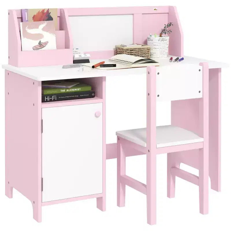 Etokfoks Kids Desk and Chair Set with Whiteboard Large Storage Cabinet Organizer for Art and Study 35.4x17.7x33.5 in Pink