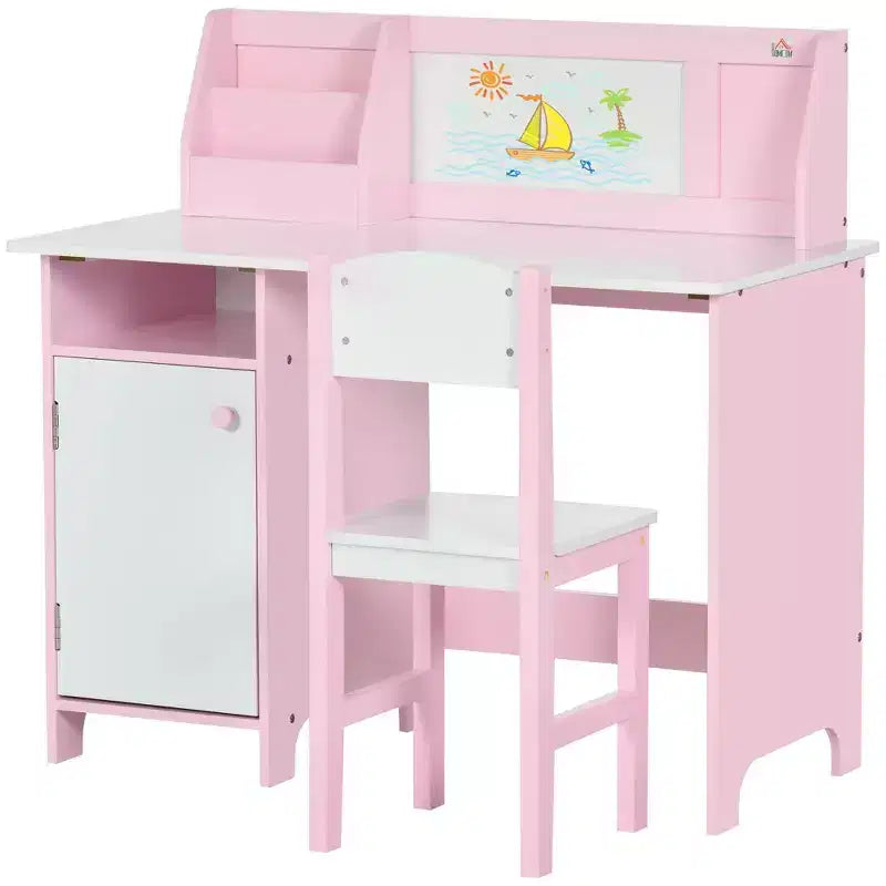 Etokfoks Ensemble bureau et chaise pour enfants avec tableau blanc Grand meuble de rangement pour l'art et les études 90x45x85 cm Rose