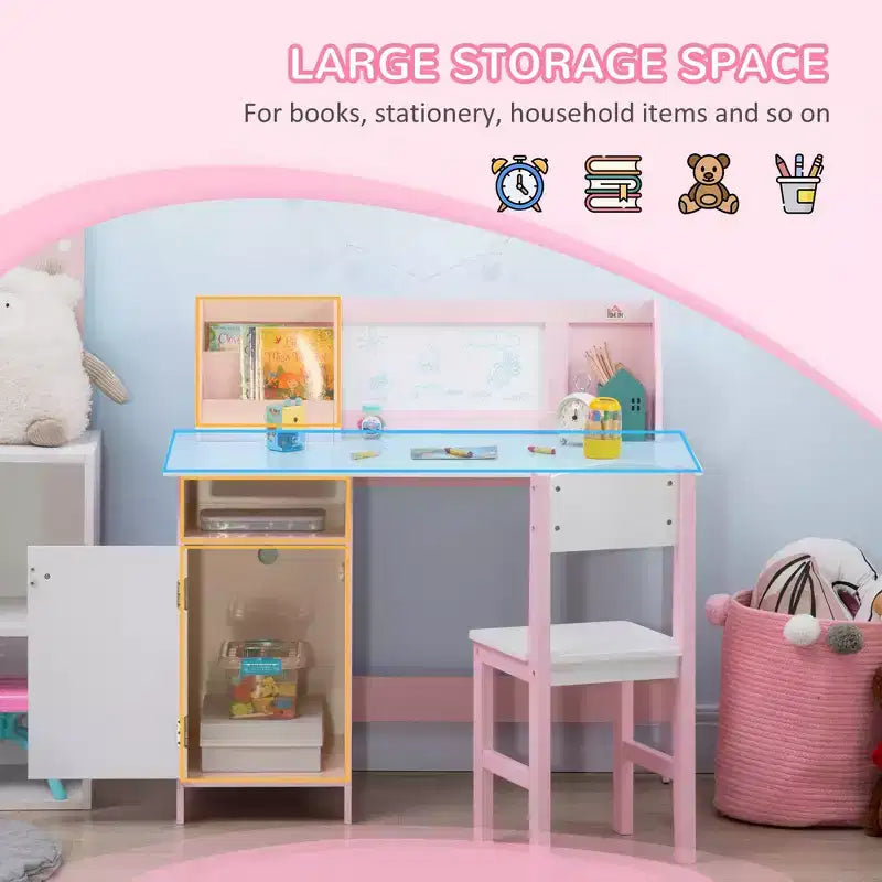 Etokfoks Ensemble bureau et chaise pour enfants avec tableau blanc Grand meuble de rangement pour l'art et les études 90x45x85 cm Rose