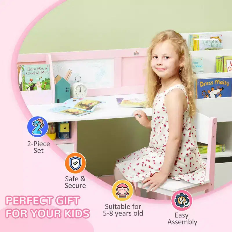 Etokfoks Ensemble bureau et chaise pour enfants avec tableau blanc Grand meuble de rangement pour l'art et les études 90x45x85 cm Rose