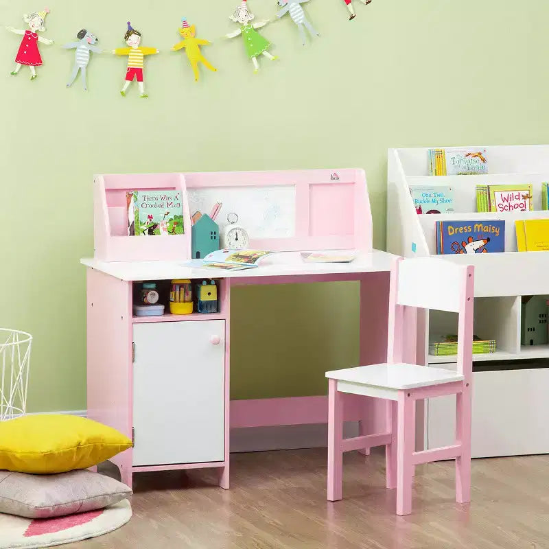 Etokfoks Ensemble bureau et chaise pour enfants avec tableau blanc Grand meuble de rangement pour l'art et les études 90x45x85 cm Rose