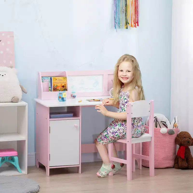 Etokfoks Ensemble bureau et chaise pour enfants avec tableau blanc Grand meuble de rangement pour l'art et les études 90x45x85 cm Rose
