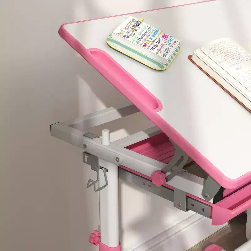 Ensemble bureau et chaise enfant réglables Etokfoks, ergonomique, plan de travail inclinable, tiroir de rangement, fentes pour stylos, crochet, pour les 6-12 ans, rose