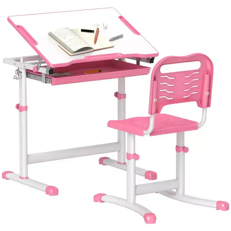Ensemble bureau et chaise enfant réglables Etokfoks, ergonomique, plan de travail inclinable, tiroir de rangement, fentes pour stylos, crochet, pour les 6-12 ans, rose
