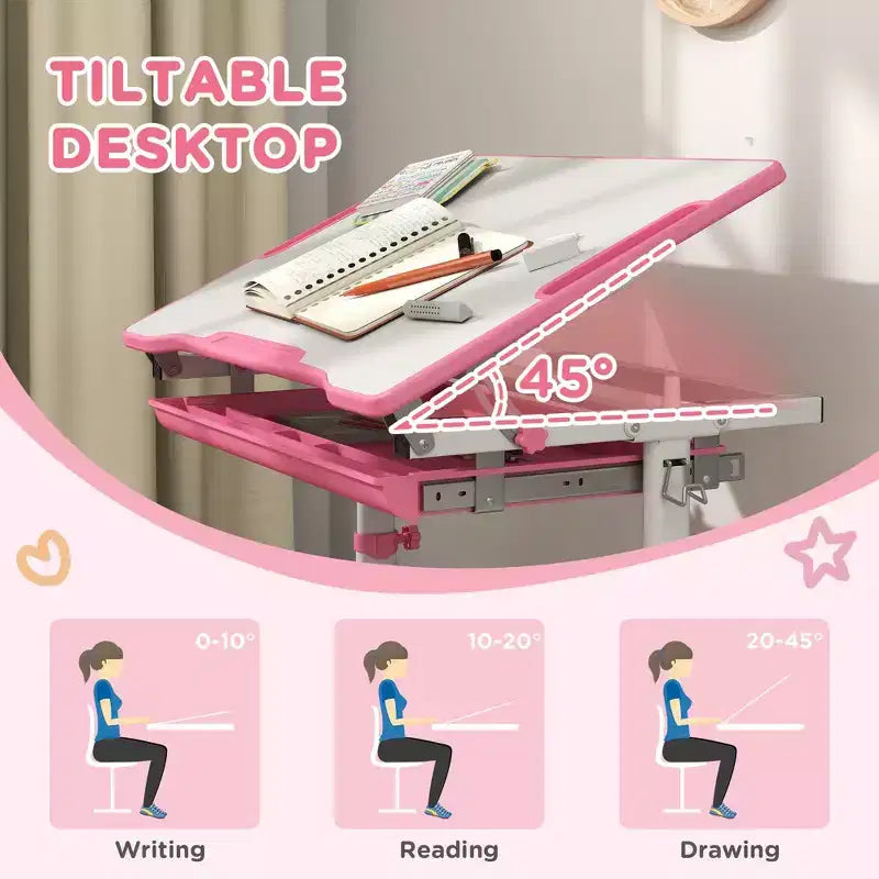 Ensemble bureau et chaise enfant réglables Etokfoks, ergonomique, plan de travail inclinable, tiroir de rangement, fentes pour stylos, crochet, pour les 6-12 ans, rose