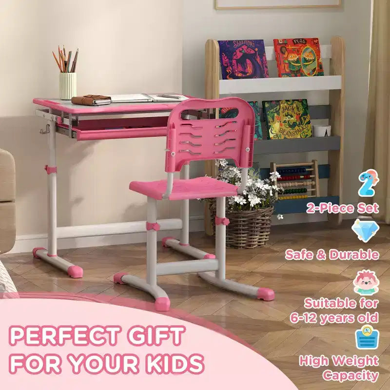 Ensemble bureau et chaise enfant réglables Etokfoks, ergonomique, plan de travail inclinable, tiroir de rangement, fentes pour stylos, crochet, pour les 6-12 ans, rose