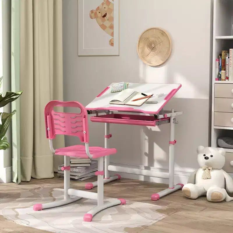Ensemble bureau et chaise enfant réglables Etokfoks, ergonomique, plan de travail inclinable, tiroir de rangement, fentes pour stylos, crochet, pour les 6-12 ans, rose