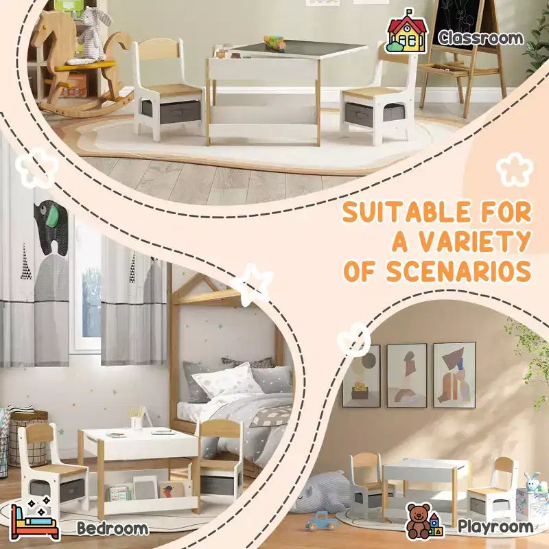 Etokfoks kids table and chair set 3 piece reversible tabletop blackboard storage drawers bookshelf for playroom nursery ages 3-8 gray