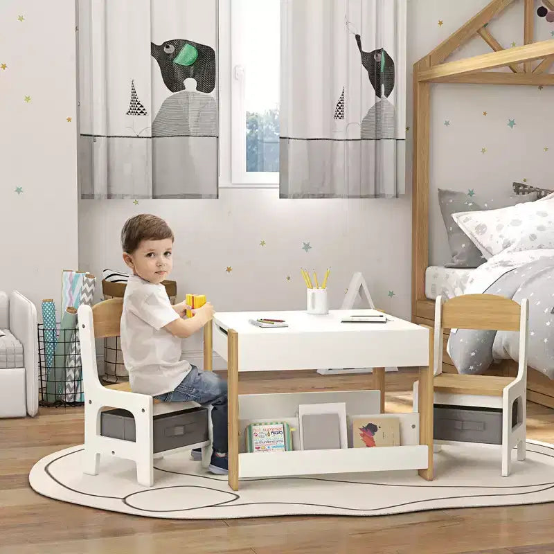 Table et chaises pour enfants Etokfoks, ensemble 3 pièces, plateau réversible, tableau noir, tiroirs de rangement, étagère pour salle de jeux, crèche, 3-8 ans, gris
