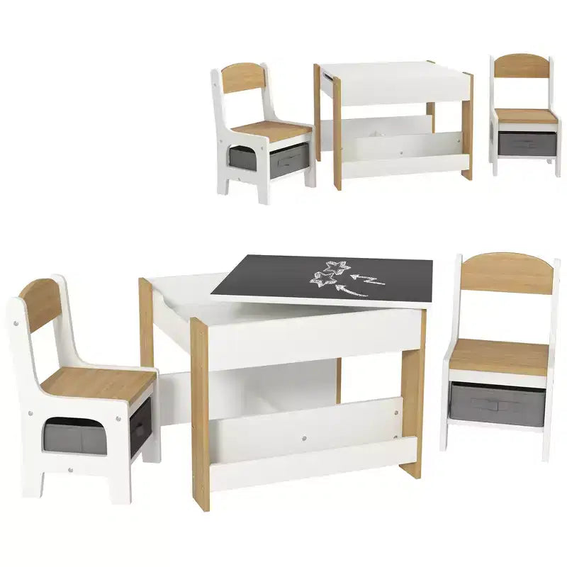 Table et chaises pour enfants Etokfoks, ensemble 3 pièces, plateau réversible, tableau noir, tiroirs de rangement, étagère pour salle de jeux, crèche, 3-8 ans, gris