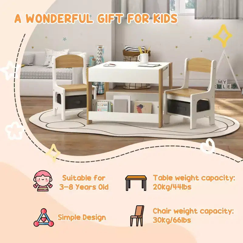 Table et chaises pour enfants Etokfoks, ensemble 3 pièces, plateau réversible, tableau noir, tiroirs de rangement, étagère pour salle de jeux, crèche, 3-8 ans, gris