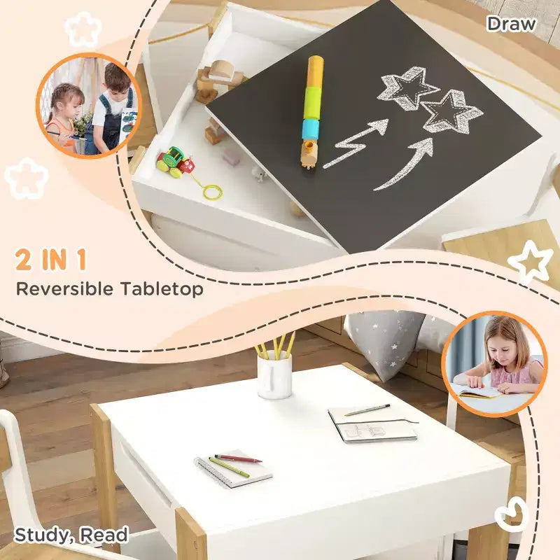 Table et chaises pour enfants Etokfoks, ensemble 3 pièces, plateau réversible, tableau noir, tiroirs de rangement, étagère pour salle de jeux, crèche, 3-8 ans, gris