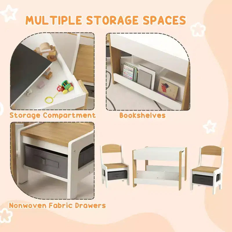 Table et chaises pour enfants Etokfoks, ensemble 3 pièces, plateau réversible, tableau noir, tiroirs de rangement, étagère pour salle de jeux, crèche, 3-8 ans, gris