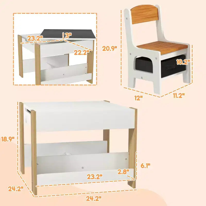 Table et chaises pour enfants Etokfoks, ensemble 3 pièces, plateau réversible, tableau noir, tiroirs de rangement, étagère pour salle de jeux, crèche, 3-8 ans, gris