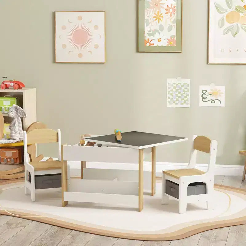 Table et chaises pour enfants Etokfoks, ensemble 3 pièces, plateau réversible, tableau noir, tiroirs de rangement, étagère pour salle de jeux, crèche, 3-8 ans, gris