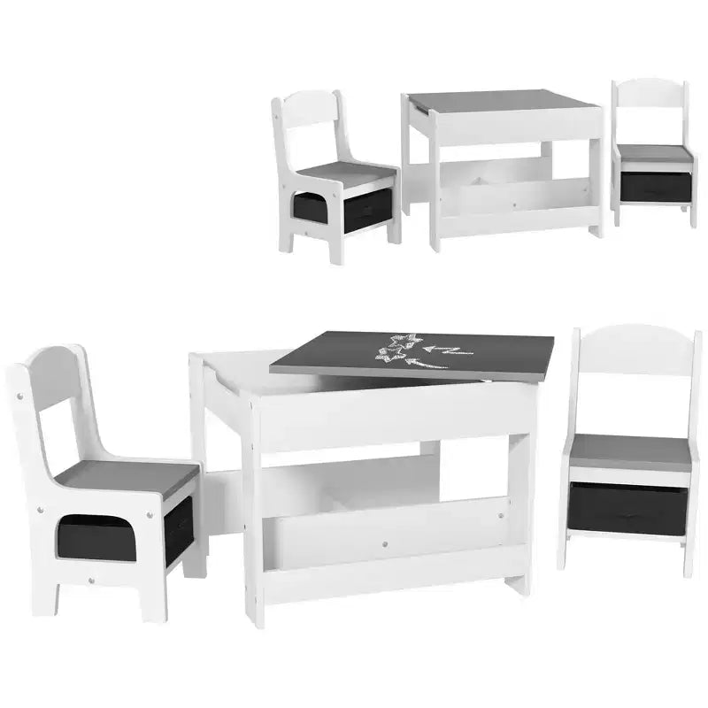 Etokfoks Kids Table and Chair Set 3 Piece 2 in 1 Reversible Tabletop Blackboard Storage Drawers Bookshelf Gray 24.2 x 24.2 x 18.9 in