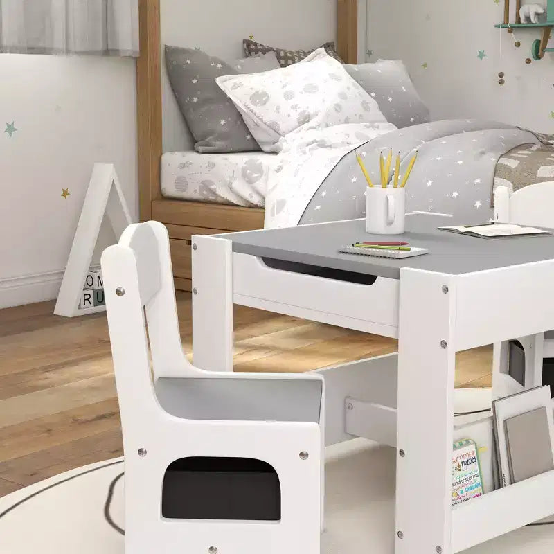 Ensemble table et chaises enfant Etokfoks 3 pièces, plateau réversible 2 en 1, tableau noir, tiroirs de rangement, étagère à livres, gris, 61,5 x 61,5 x 48 cm