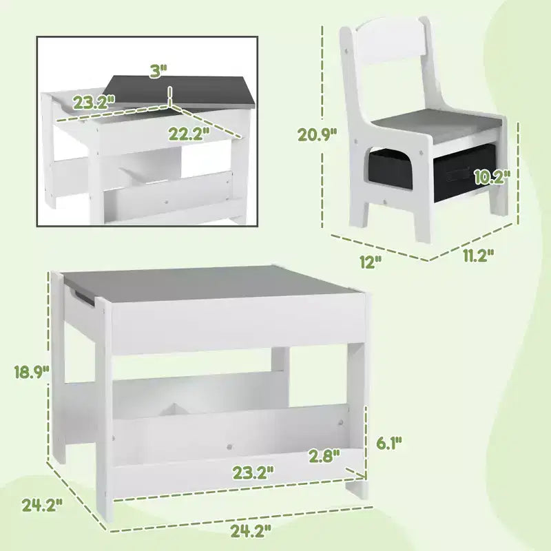 Ensemble table et chaises enfant Etokfoks 3 pièces, plateau réversible 2 en 1, tableau noir, tiroirs de rangement, étagère à livres, gris, 61,5 x 61,5 x 48 cm