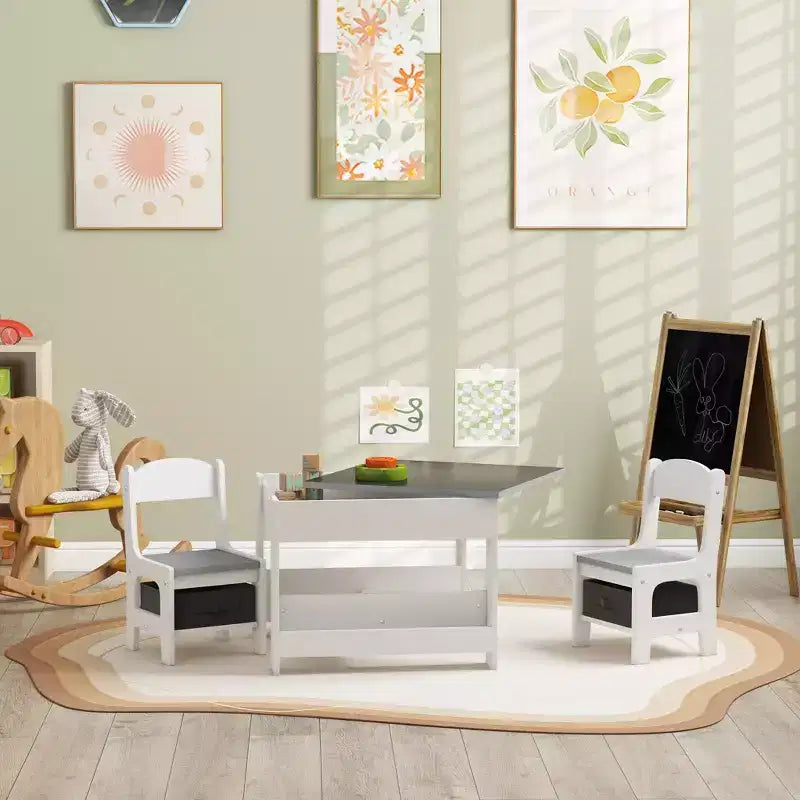 Ensemble table et chaises enfant Etokfoks 3 pièces, plateau réversible 2 en 1, tableau noir, tiroirs de rangement, étagère à livres, gris, 61,5 x 61,5 x 48 cm