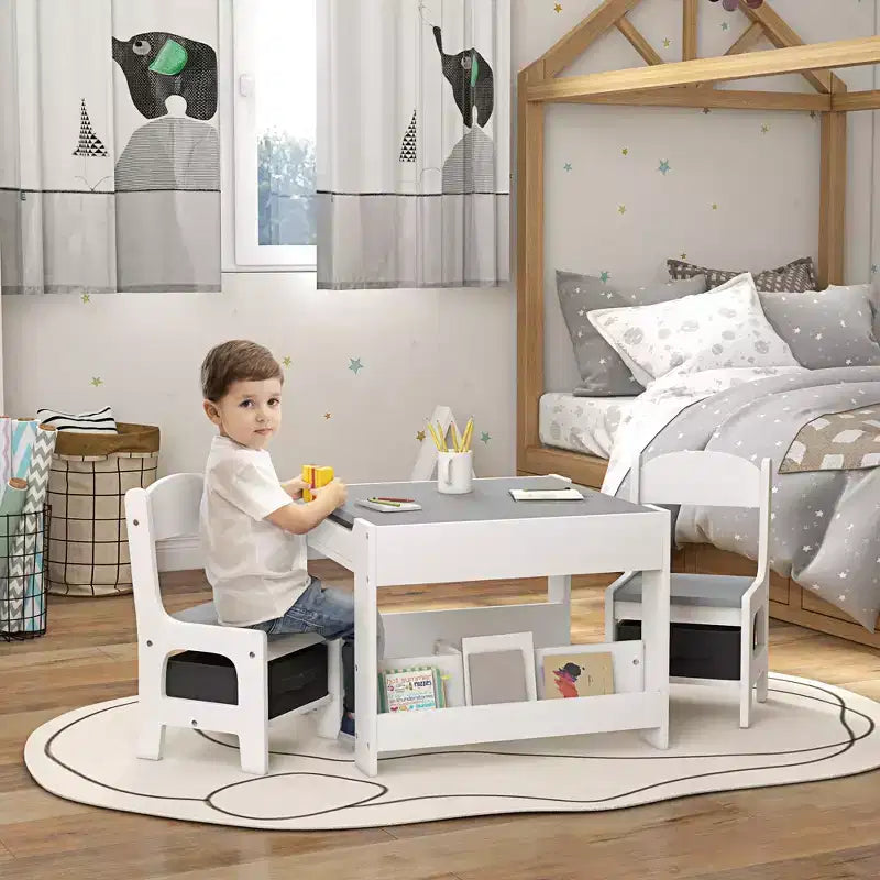 Ensemble table et chaises enfant Etokfoks 3 pièces, plateau réversible 2 en 1, tableau noir, tiroirs de rangement, étagère à livres, gris, 61,5 x 61,5 x 48 cm