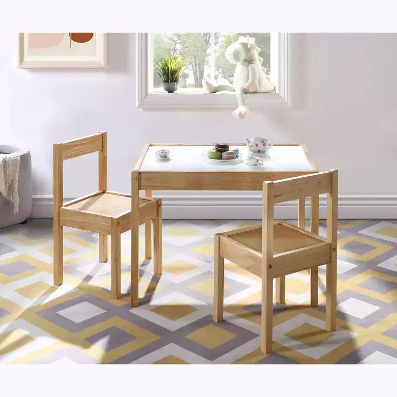 Etokfoks 3 Piece Kids Table and Chair Set with Dry Erase Tabletop Solid Wood Durable Natural Finish Includes 2 Chairs