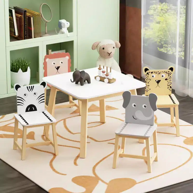 Etokfoks Kids Table and Chair Set White Solid Wood and MDF Table 23.6 x 23.6 x 19.7 in 4 Chairs 11.9 x 12.1 x 21.5 in