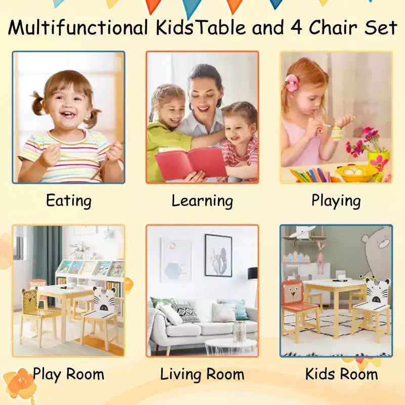 Etokfoks Ensemble Table et Chaises Enfant Blanc Bois Massif et MDF Table 60 x 60 x 50 cm 4 Chaises 30 x 30,7 x 54,5 cm