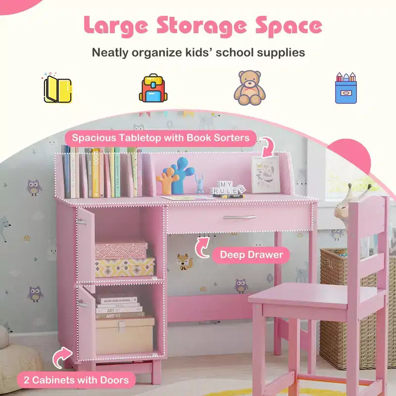 Costway Bureau et chaise d'étude pour enfants avec 2 armoires de rangement, tiroir et 4 trieurs de livres