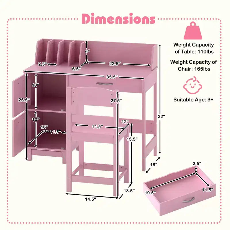 Costway Bureau et chaise d'étude pour enfants avec 2 armoires de rangement, tiroir et 4 trieurs de livres