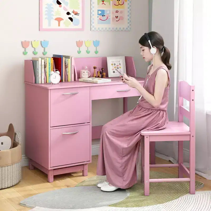 Costway Bureau et chaise d'étude pour enfants avec 2 armoires de rangement, tiroir et 4 trieurs de livres