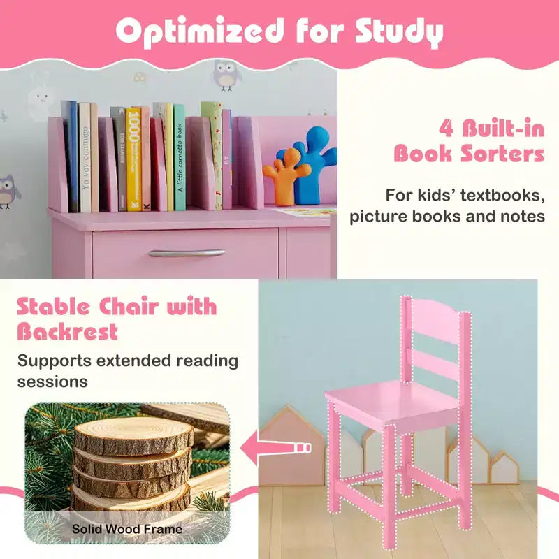 Costway Bureau et chaise d'étude pour enfants avec 2 armoires de rangement, tiroir et 4 trieurs de livres