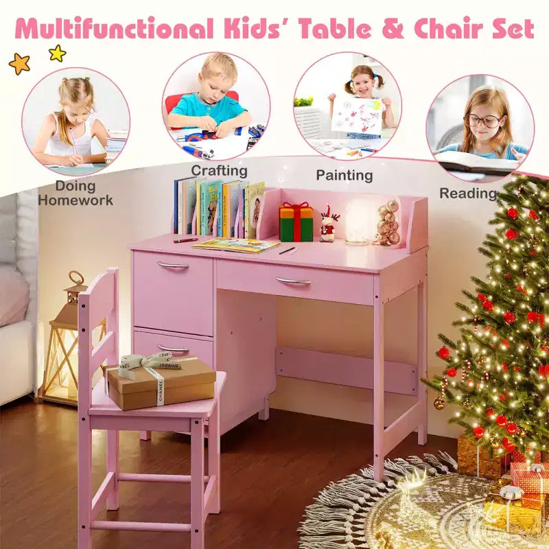 Costway Bureau et chaise d'étude pour enfants avec 2 armoires de rangement, tiroir et 4 trieurs de livres