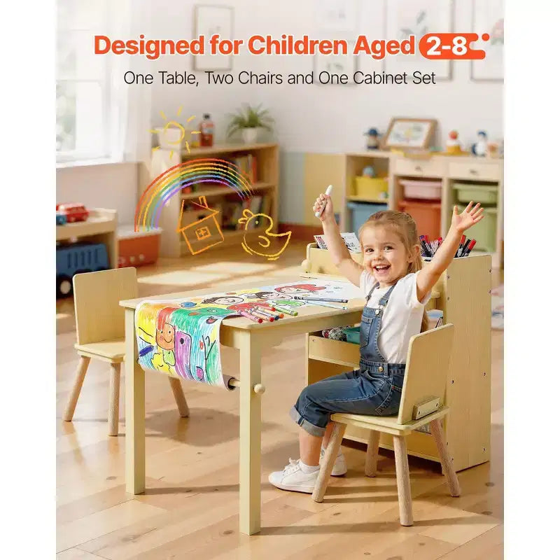 Table et chaises pour enfants avec meuble de rangement à 3 niveaux pour les 2-8 ans
