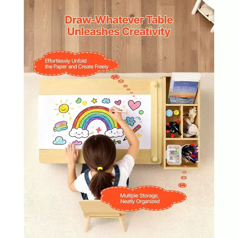 Table et chaises pour enfants avec meuble de rangement à 3 niveaux pour les 2-8 ans