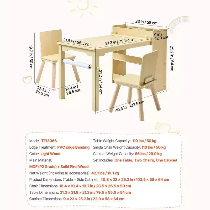 Table et chaises pour enfants avec meuble de rangement à 3 niveaux pour les 2-8 ans