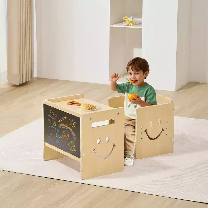 Ensemble table et chaise Montessori 3-en-1 pour enfants avec tableau noir et hauteur réglable - Naturel