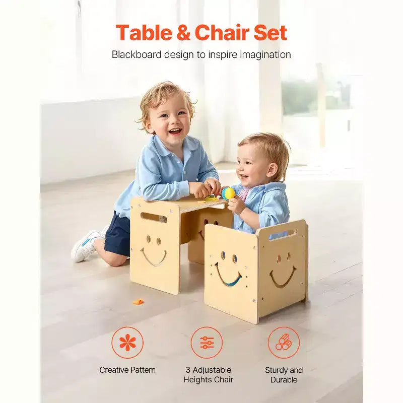 Ensemble table et chaise Montessori 3-en-1 pour enfants avec tableau noir et hauteur réglable - Naturel