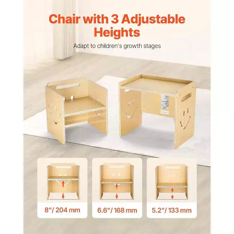 Ensemble table et chaise Montessori 3-en-1 pour enfants avec tableau noir et hauteur réglable - Naturel