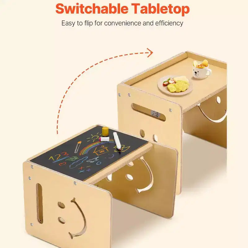 Ensemble table et chaise Montessori 3-en-1 pour enfants avec tableau noir et hauteur réglable - Naturel
