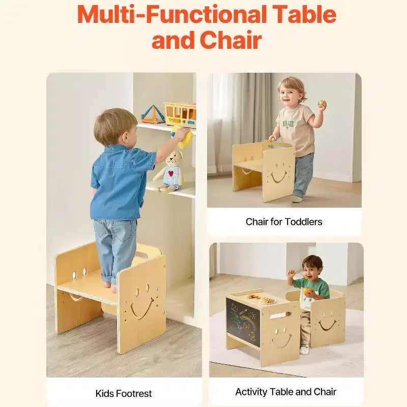 Ensemble table et chaise Montessori 3-en-1 pour enfants avec tableau noir et hauteur réglable - Naturel